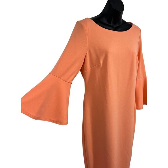 Calvin Klein Bell Sleeve Peach Dress Size 10 Women Sheath 3/4 Scoop Stretch New - Picture 4 of 9